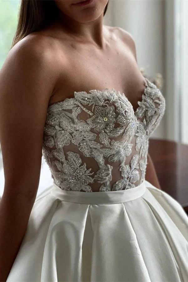 Elegant Long A-line Sweetheart Lace Satin Wedding Dresses (ZD16713)