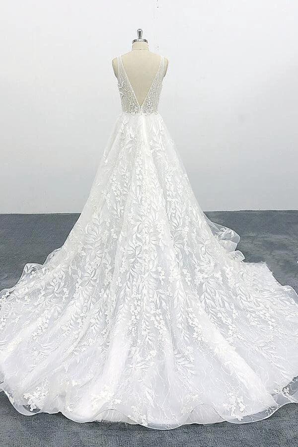Elegant Long A-line V-neck Appliques Lace Tulle Backless Wedding Dress (ZD14437)