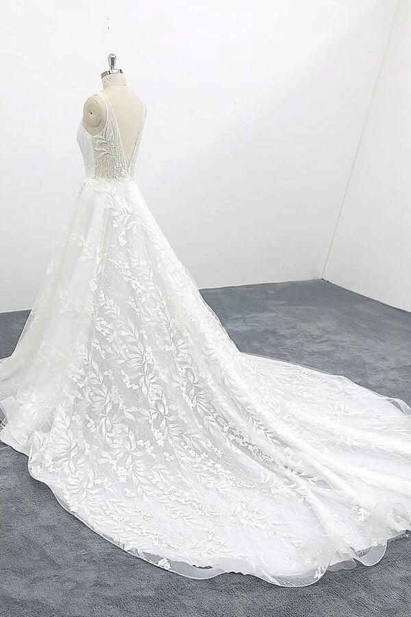Elegant Long A-line V-neck Appliques Lace Tulle Backless Wedding Dress (ZD14437)