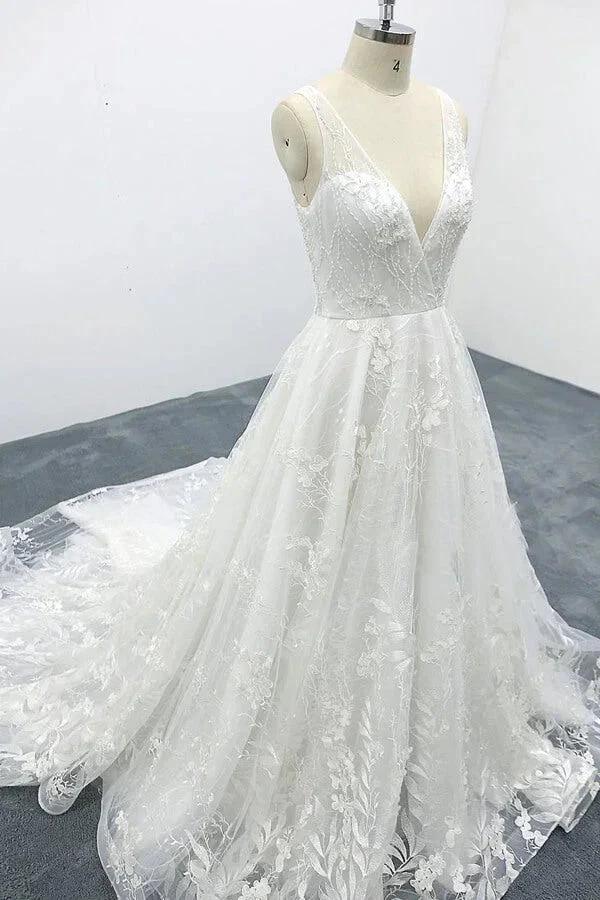 Elegant Long A-line V-neck Appliques Lace Tulle Backless Wedding Dress (ZD14437)