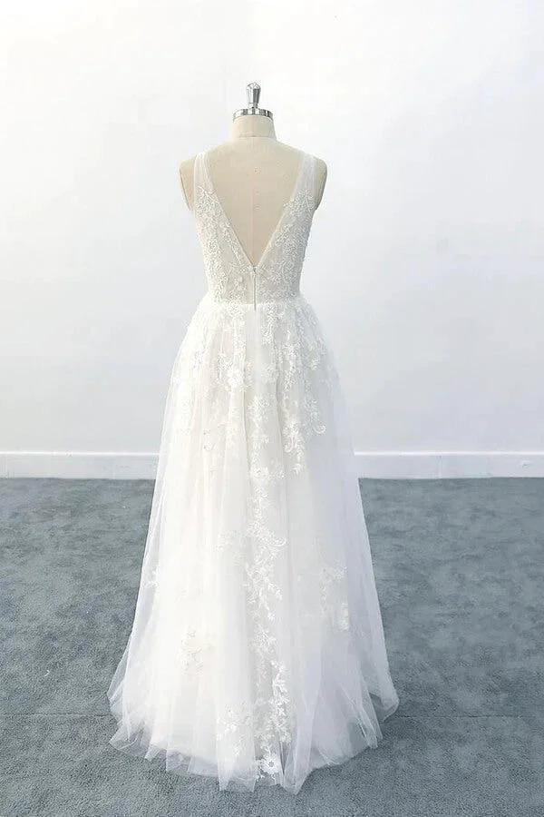 Elegant Long A-line V-neck Appliques Tulle Backless Wedding Dress (ZD14408)