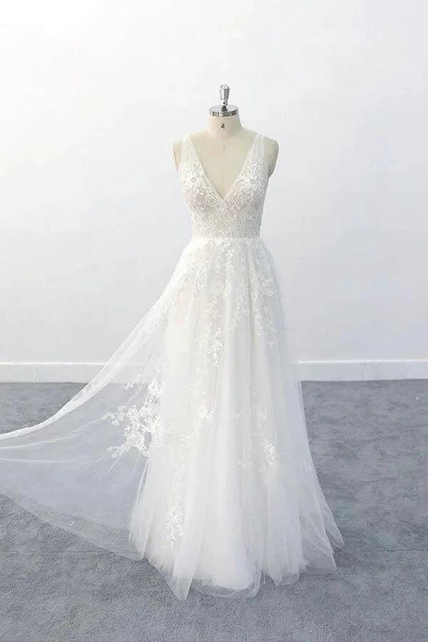 Elegant Long A-line V-neck Appliques Tulle Backless Wedding Dress (ZD14408)
