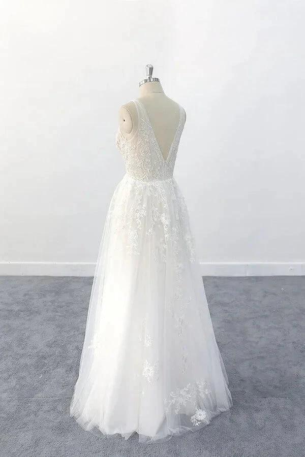 Elegant Long A-line V-neck Appliques Tulle Backless Wedding Dress (ZD14408)