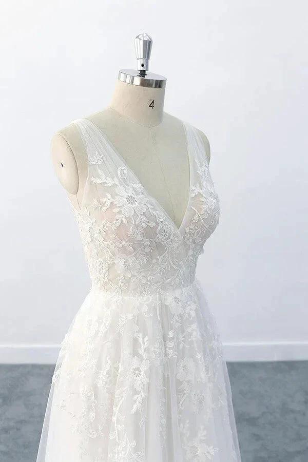 Elegant Long A-line V-neck Appliques Tulle Backless Wedding Dress (ZD14408)