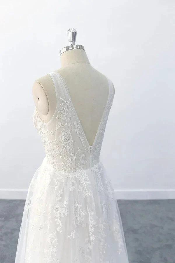 Elegant Long A-line V-neck Appliques Tulle Backless Wedding Dress (ZD14408)