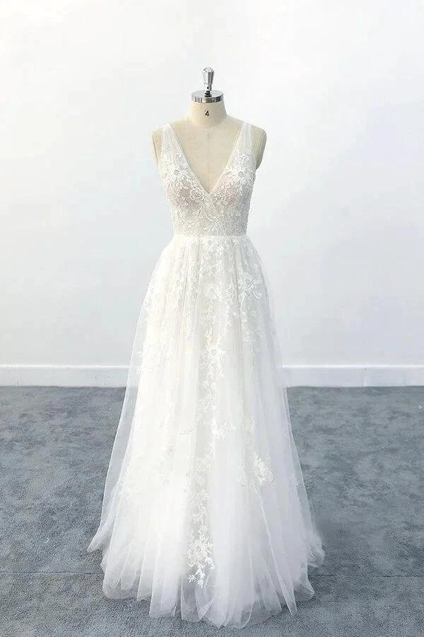 Elegant Long A-line V-neck Appliques Tulle Backless Wedding Dress (ZD14408)