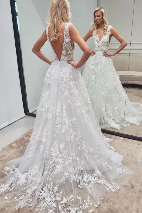 Elegant Long A-line V-neck Backless Tulle Lace Wedding Dress (ZD15147)