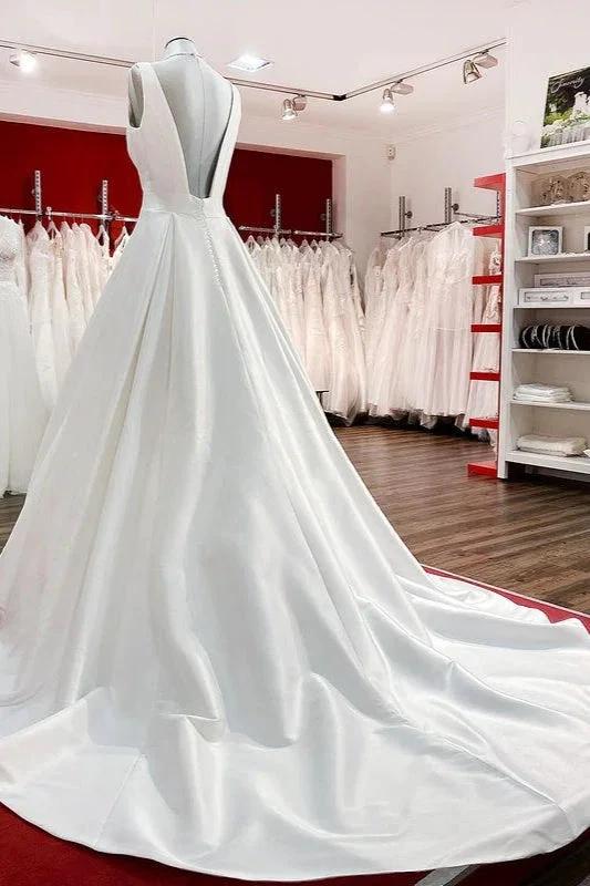 Elegant Long A-line V Neck Satin Ruffles Open Back Wedding Dresses (ZD15265)