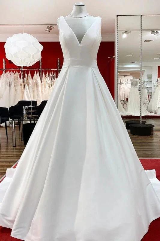 Elegant Long A-line V Neck Satin Ruffles Open Back Wedding Dresses (ZD15265)