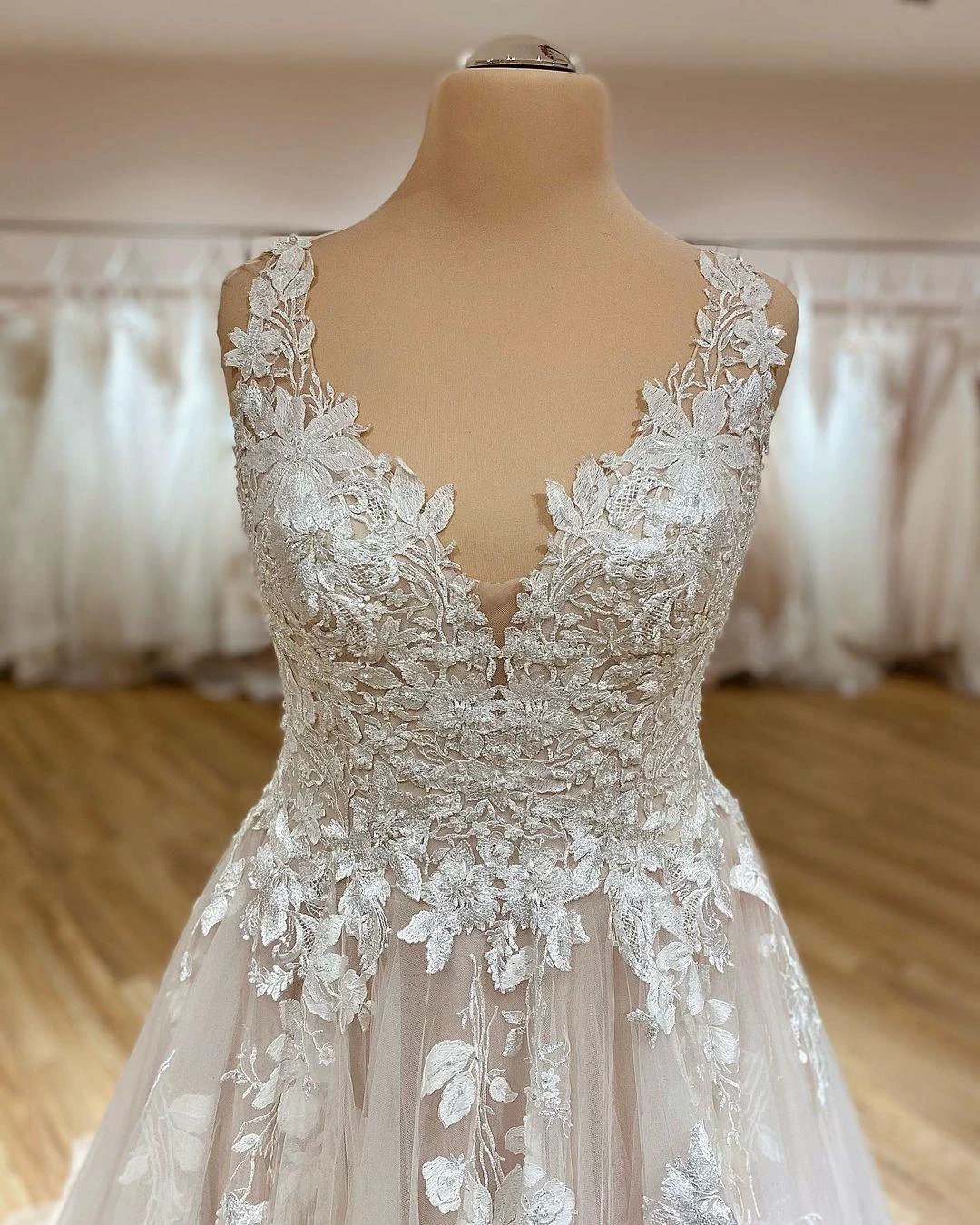 Elegant Long A-Line V-neck Spaghetti Straps Appliques Lace Ruffles Tulle Wedding Dress (ZD15089) - View 2 | VelvetHem