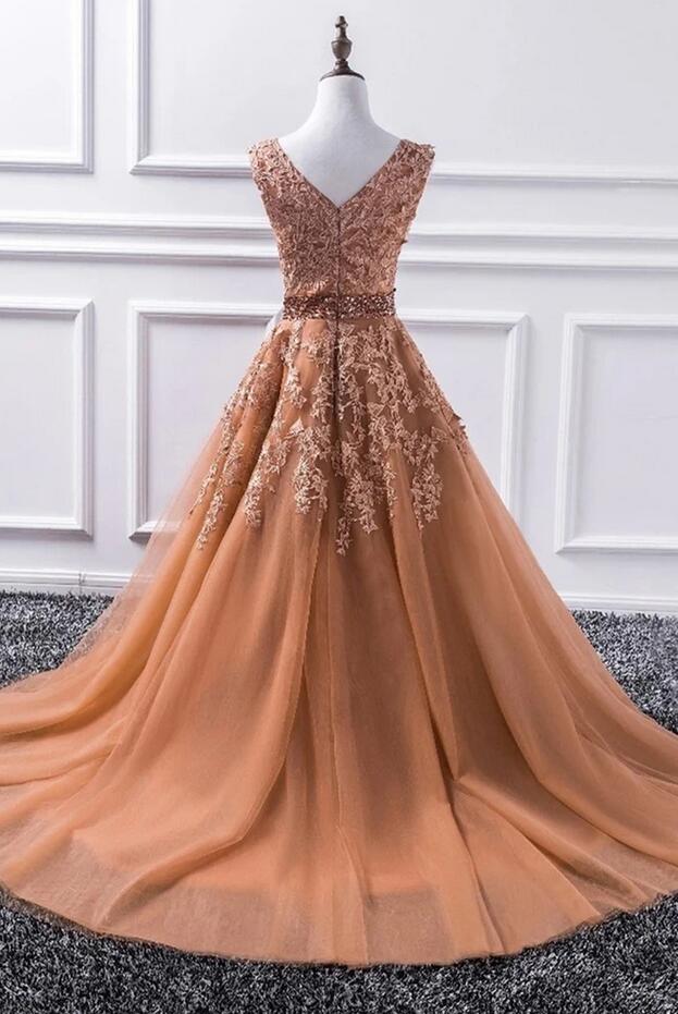 Elegant Long A-line V-neck Tulle Lace Prom Dress - View 2 | VelvetHem