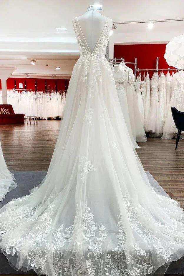 Elegant Long A-Line V Neck Tulle Spaghetti Straps Lace Wedding Dress (ZD14447) - View 2 | VelvetHem