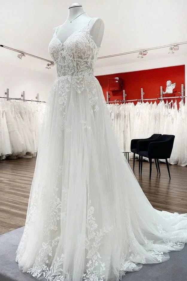 Elegant Long A-Line V Neck Tulle Spaghetti Straps Lace Wedding Dress (ZD14447)
