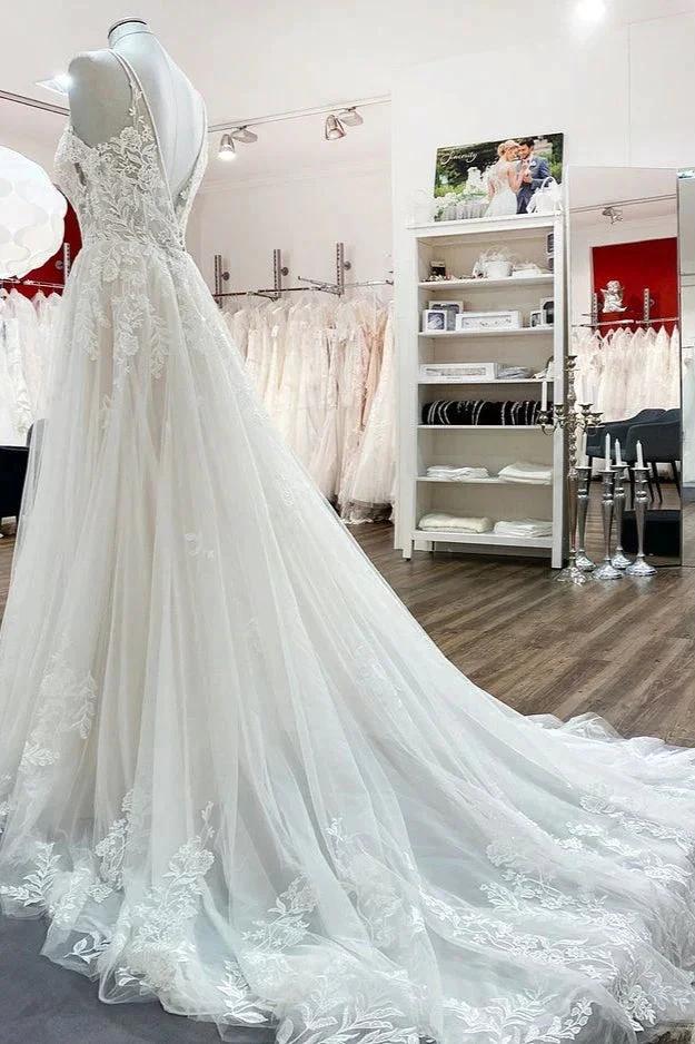 Elegant Long A-Line V Neck Tulle Spaghetti Straps Lace Wedding Dress (ZD14447)