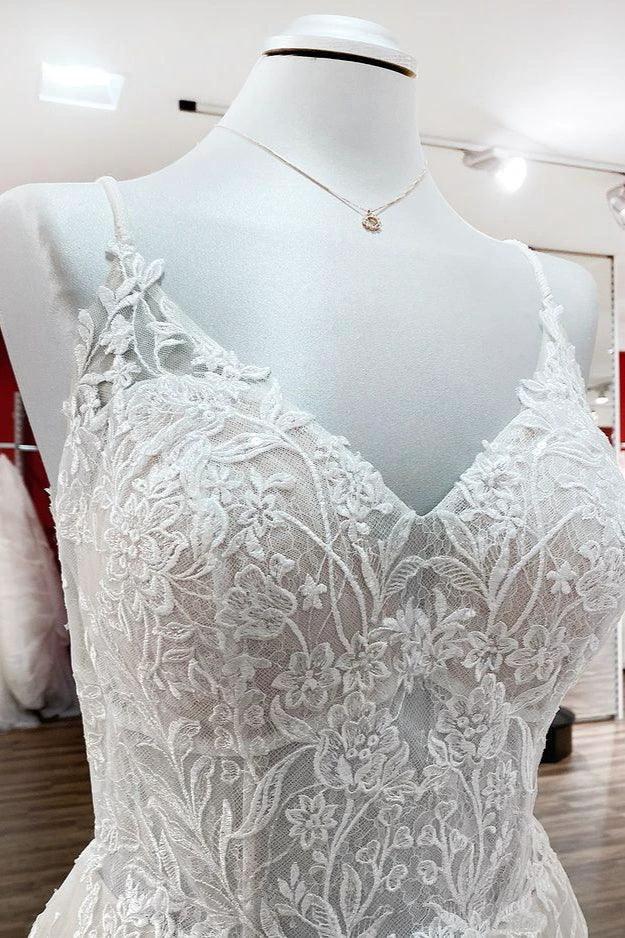 Elegant Long A-Line V Neck Tulle Spaghetti Straps Lace Wedding Dress (ZD14447) - View 5 | VelvetHem