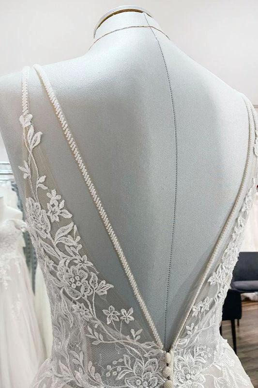 Elegant Long A-Line V Neck Tulle Spaghetti Straps Lace Wedding Dress (ZD14447)
