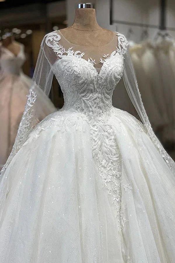 Elegant Long Ball Gown Sweetheart Tulle Wedding Dress with Sleeves (ZD15794)