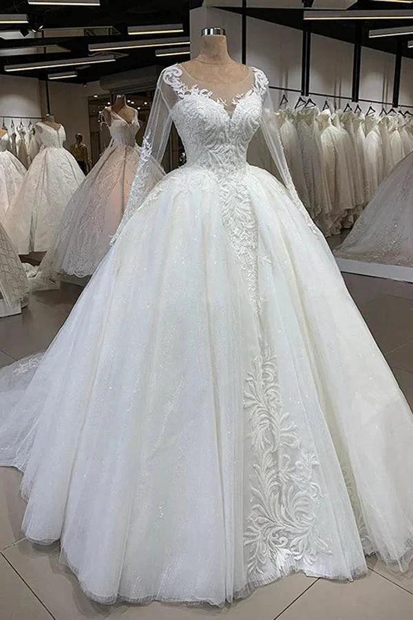 Elegant Long Ball Gown Sweetheart Tulle Wedding Dress with Sleeves (ZD15794) - VelvetHem