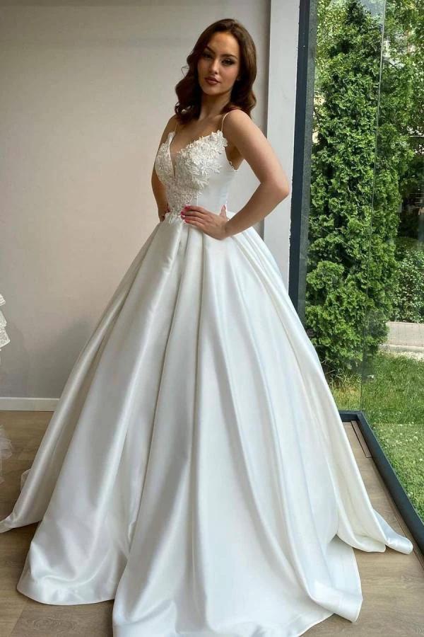 Elegant Long Ball Gowns Sweetheart Spaghetti Straps Satin Wedding Dress (ZD15164)