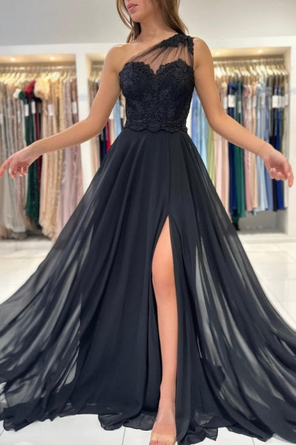 Elegant Long Black Graduation Dresses One-Shoulder Lace Prom Dresses With Split Online
