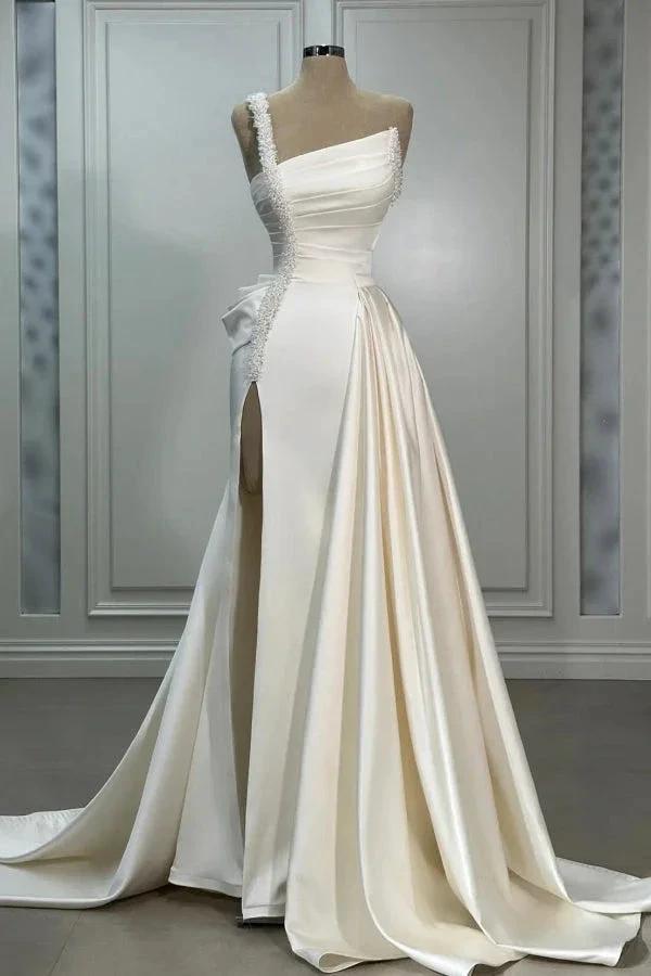 Elegant Long Ivory A-line One Shoulder Pearls Satin Sleeveless Wedding Dress with Slit (ZD15528)