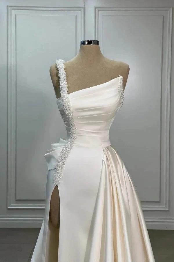 Elegant Long Ivory A-line One Shoulder Pearls Satin Sleeveless Wedding Dress with Slit (ZD15528)