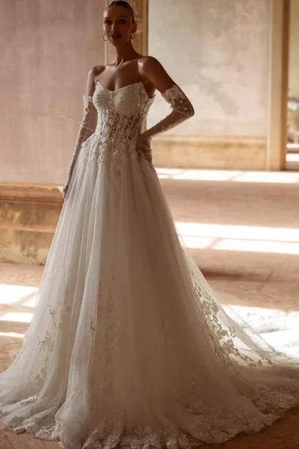 Elegant Long Ivory A-line Strapless Lace Sweetheart Wedding Dresses (ZD16662)