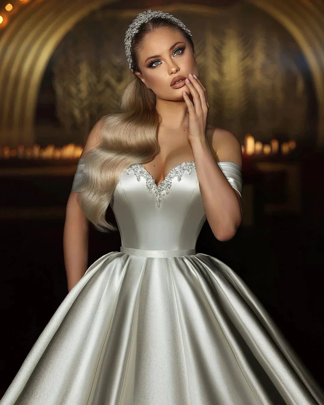 Elegant Long Ivory Sweetheart Off-the-shoulder A-line Sleeveless Wedding Dress (ZD14781)