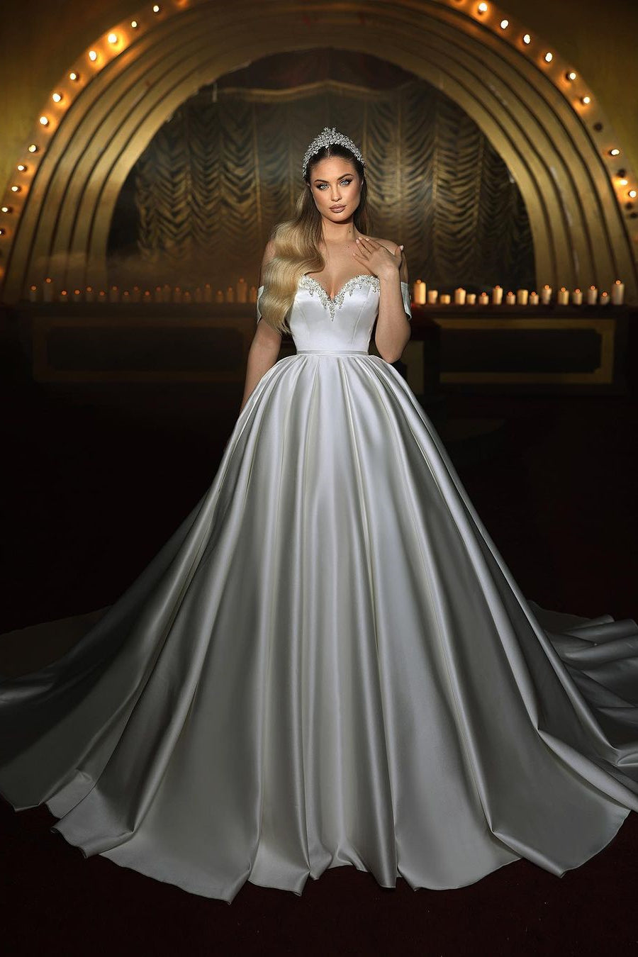 Sophisticated Long Ivory Sweetheart Off-The-Shoulder A-Line Sleeveless Wedding Dress (ZD17415)