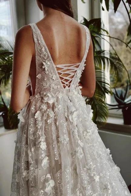 Elegant Long Ivory V-neck A-line Lace Wedding Dress With Glitter (ZD15569)