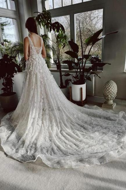 Elegant Long Ivory V-neck A-line Lace Wedding Dress With Glitter (ZD15569)