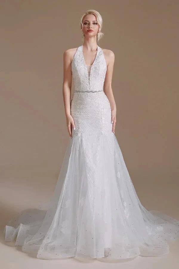 Elegant Long Mermaid Halter Tulle Floor-Length Wedding Dress with Appliques Lace (ZD14348)