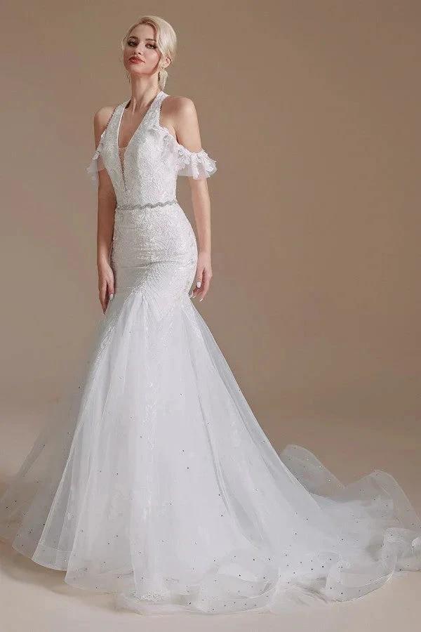 Elegant Long Mermaid Halter Tulle Floor-Length Wedding Dress with Appliques Lace (ZD14348)