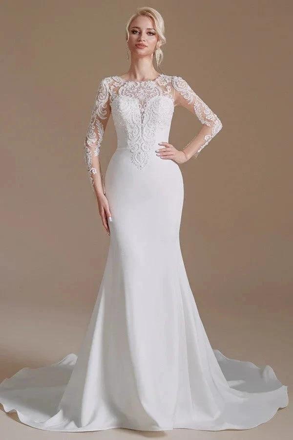 Elegant Long Mermaid Jewel Satin Lace Wedding Dress with Sleeves (ZD14350) - View 2 | VelvetHem
