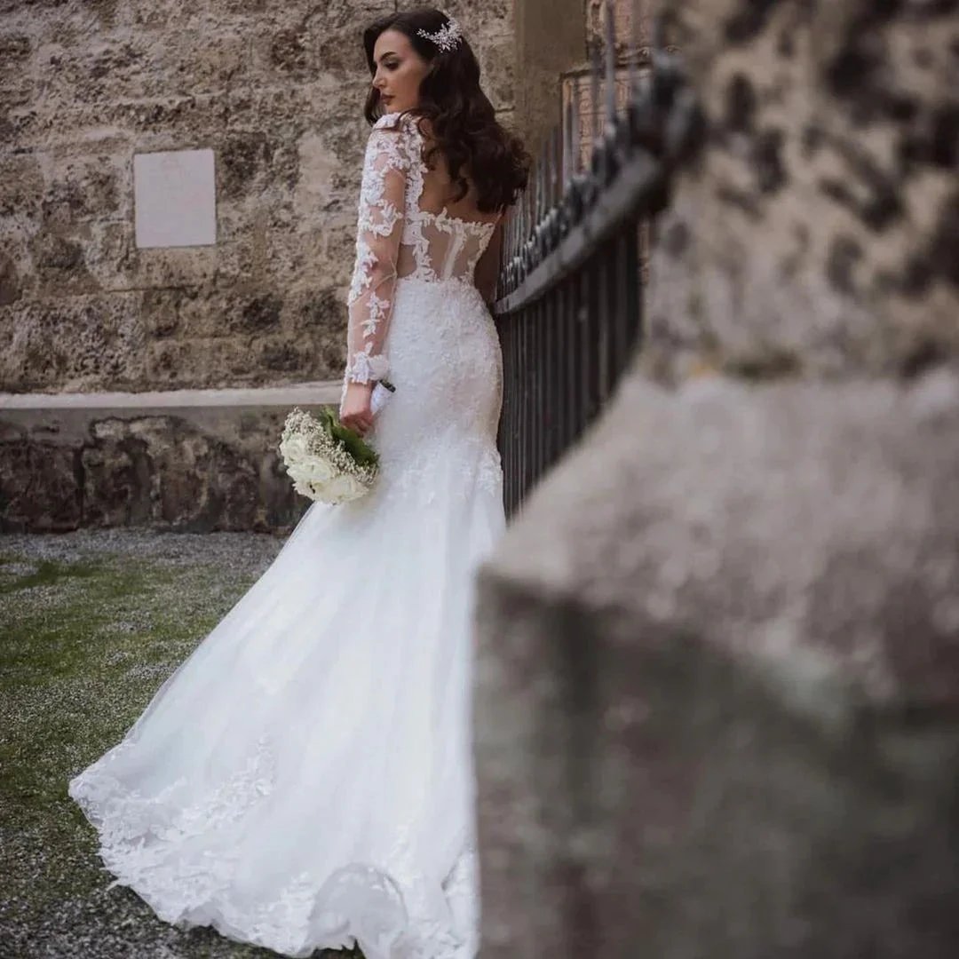 Elegant Long Mermaid Lace Open Back Wedding dresses with Sleeves (ZD15174)