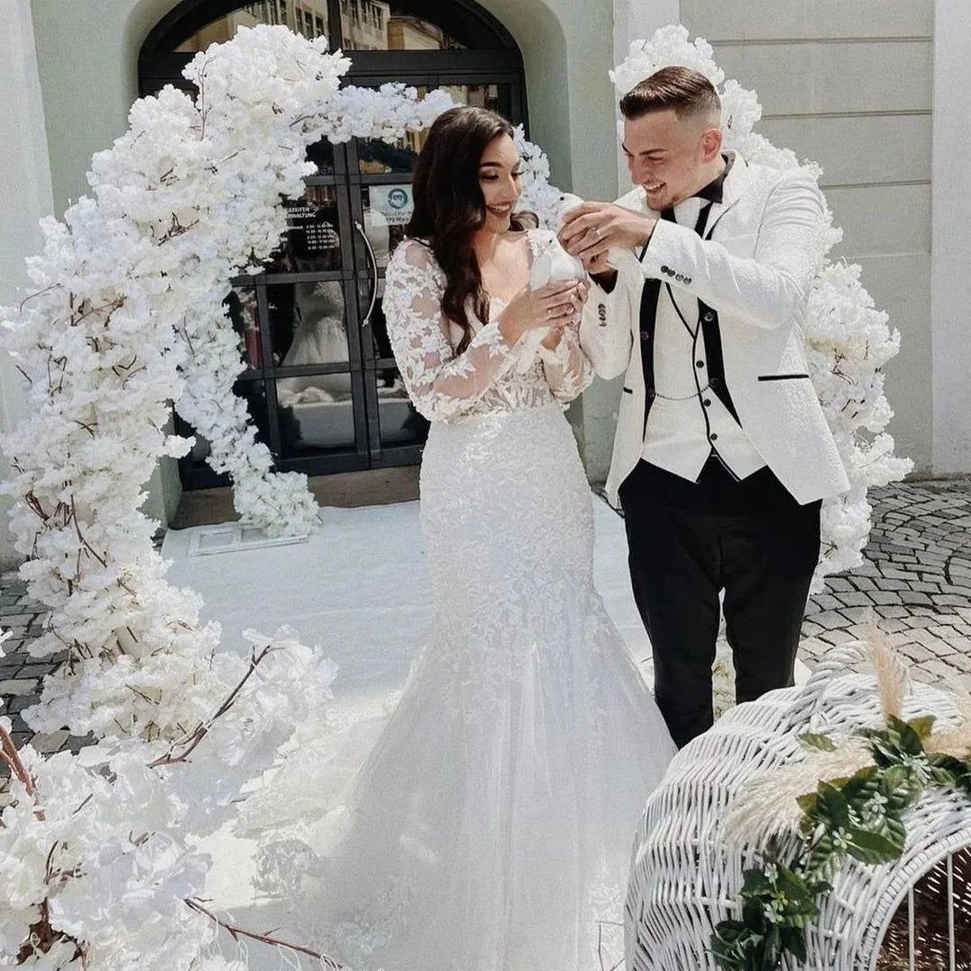 Elegant Long Mermaid Lace Open Back Wedding dresses with Sleeves (ZD15174)