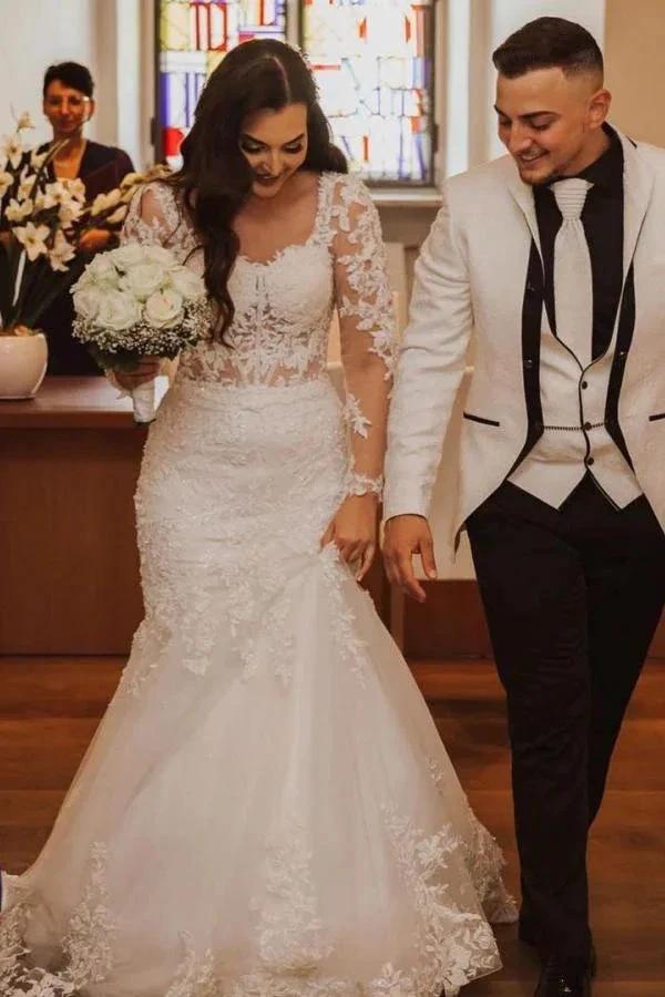 Elegant Long Mermaid Lace Open Back Wedding dresses with Sleeves (ZD15174)