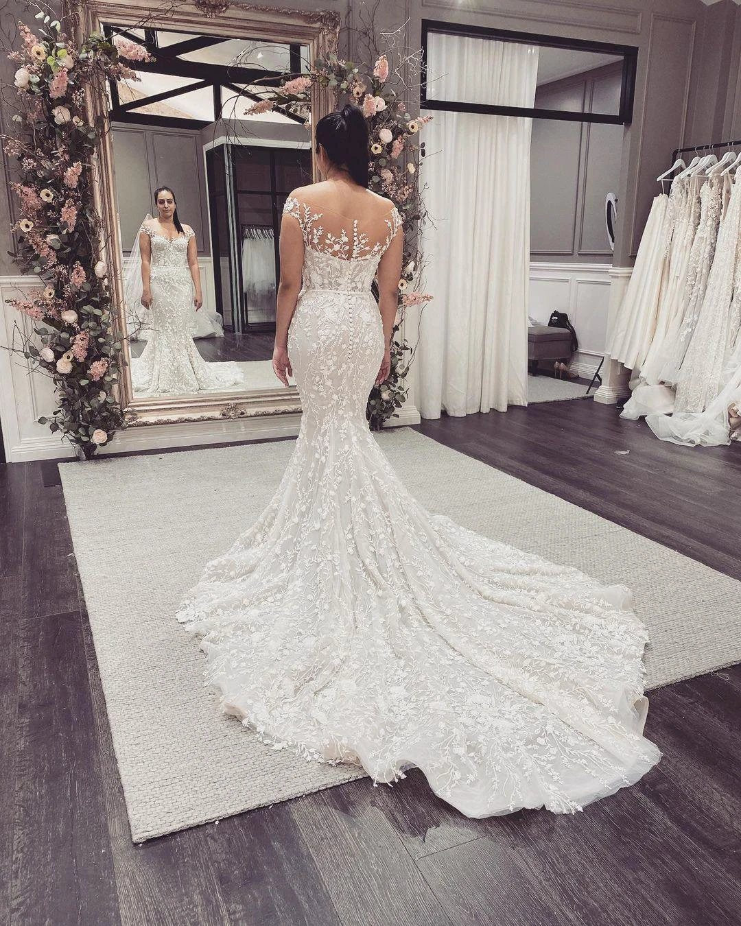 Elegant Long Mermaid Off-the-Shoulder Appliques Lace Backless Wedding Dress (ZD15049)