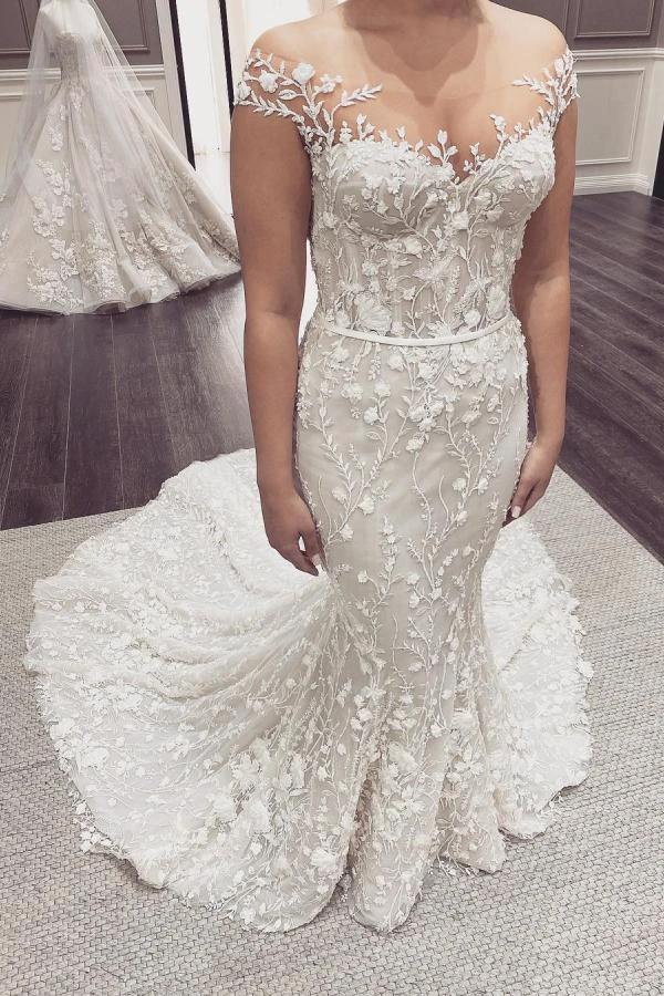 Elegant Long Mermaid Off-the-Shoulder Appliques Lace Backless Wedding Dress (ZD15049)