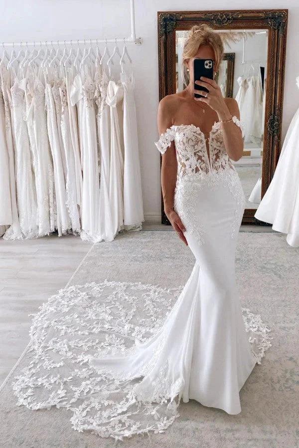 Elegant Long Mermaid Off-The-Shoulder Lace Wedding Dresses with Chapel Train (ZD16696)