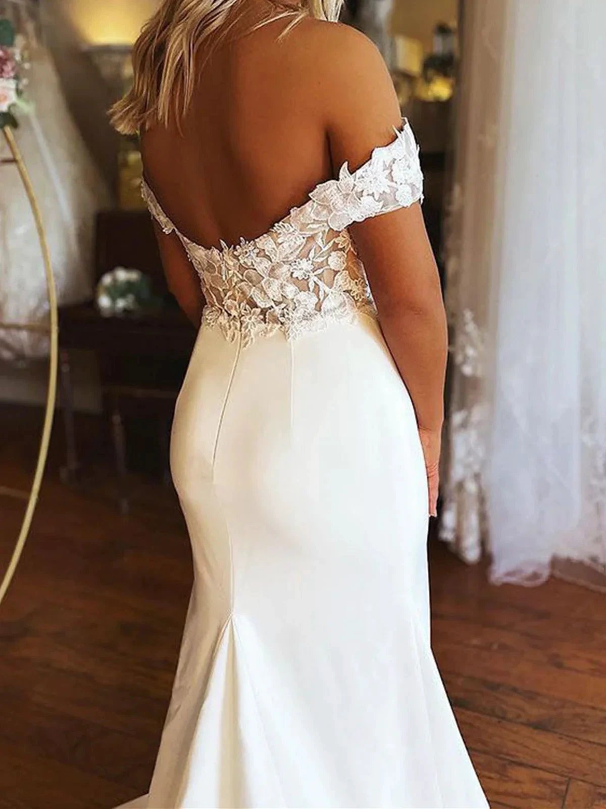 Elegant Long Mermaid Off the Shoulder Satin Lace Wedding Dresses (ZD15774) - View 2 | VelvetHem