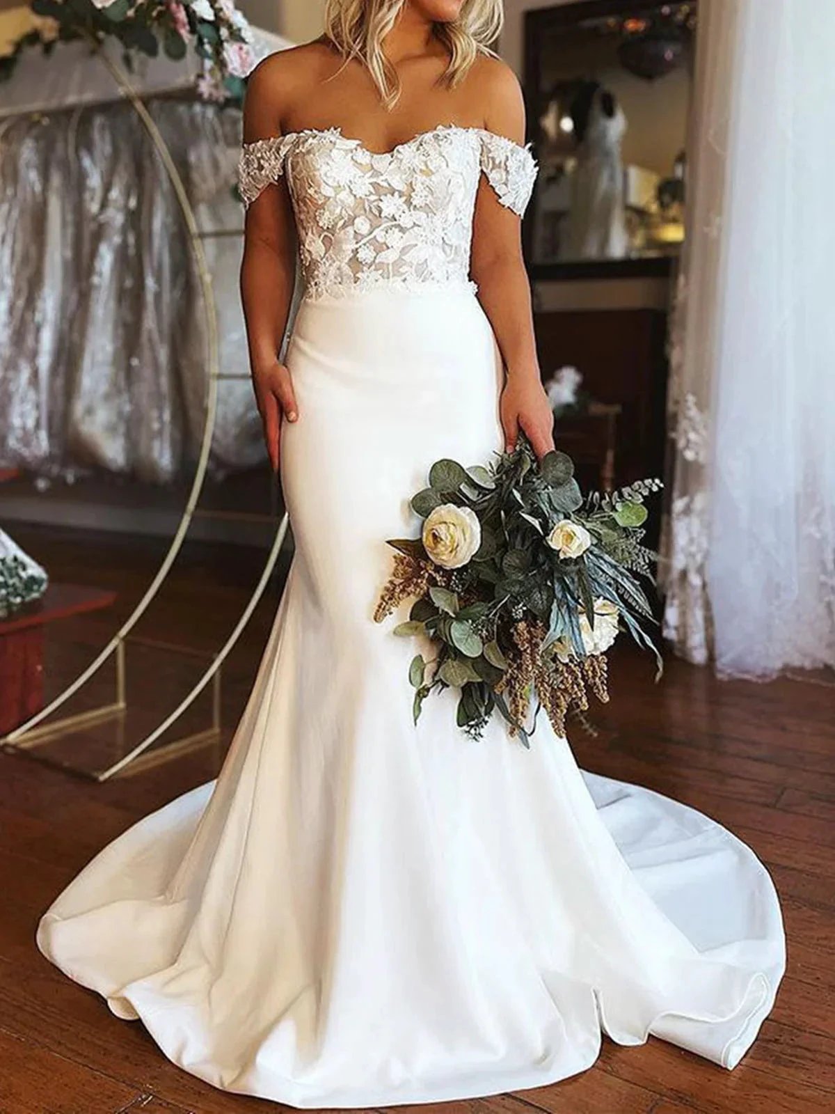 Elegant Long Mermaid Off the Shoulder Satin Lace Wedding Dresses (ZD15774) - VelvetHem
