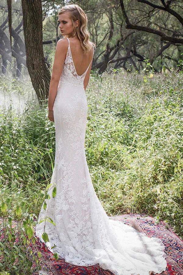 Elegant Long Mermaid Spaghetti Strap Lace Backless Wedding Dress (ZD14368)