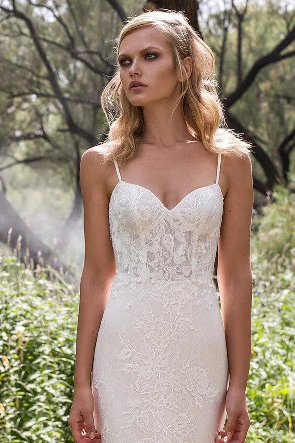 Elegant Long Mermaid Spaghetti Strap Lace Backless Wedding Dress (ZD14368)