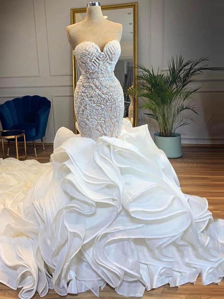 Elegant Long Mermaid Sweetheart Lace Up Crystal Wedding Dresses (ZD15900)