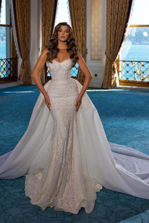 Elegant Long Mermaid Sweetheart Lace Wedding Dress with Detachable Train (ZD14361)