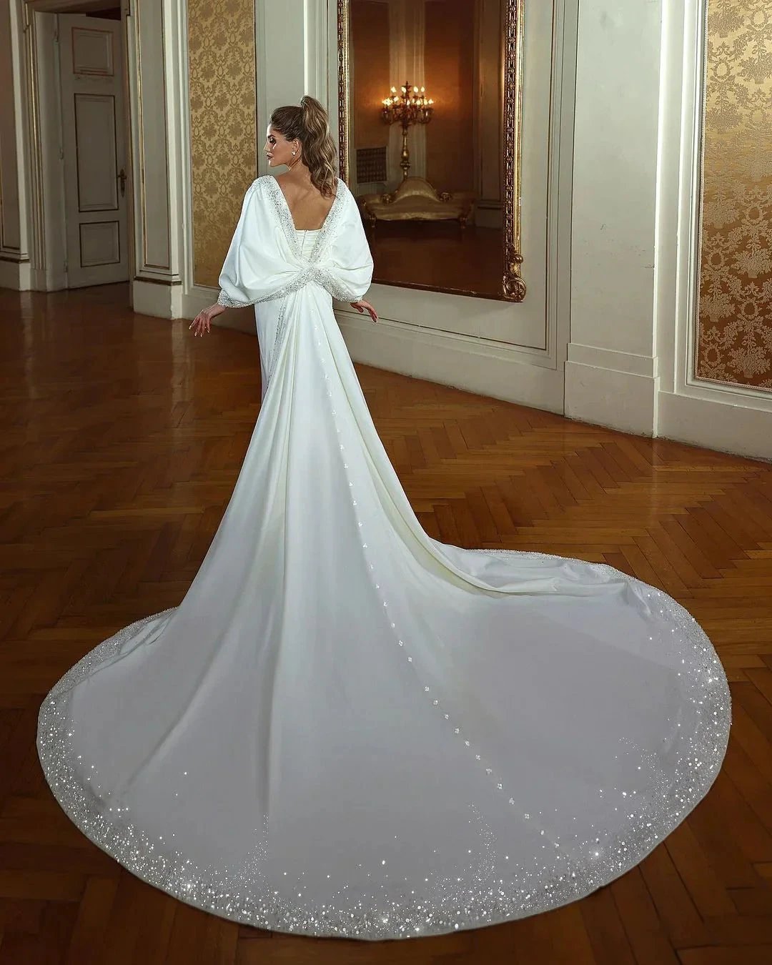 Elegant Long Mermaid Sweetheart Long Sleeves Beading Wedding Dress With Train (ZD14807)