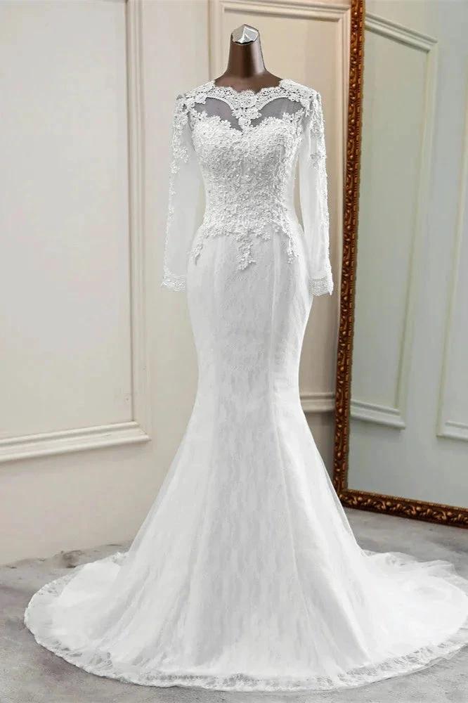 Elegant Long Mermaid Tulle Jewel Wedding Dress with Sleeves (ZD15156)