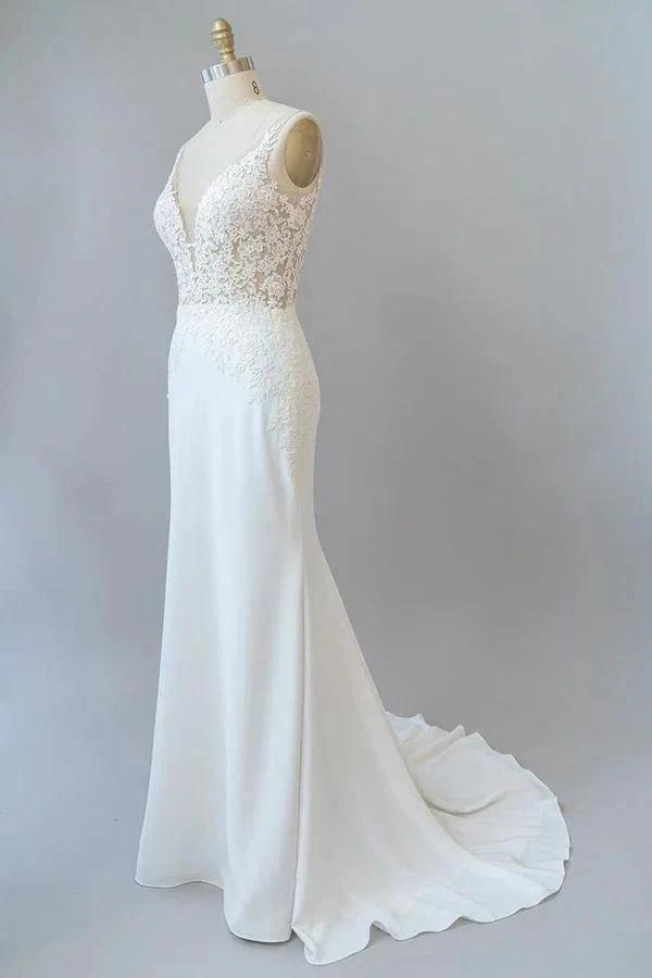 Elegant Long Mermaid V-neck Lace Backless Wedding Dress (ZD14376)