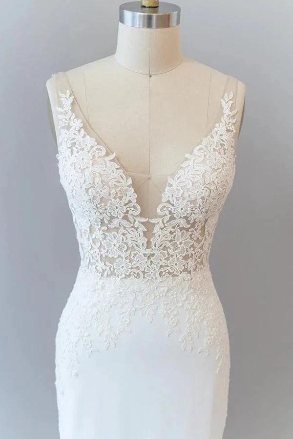 Elegant Long Mermaid V-neck Lace Backless Wedding Dress (ZD14376)